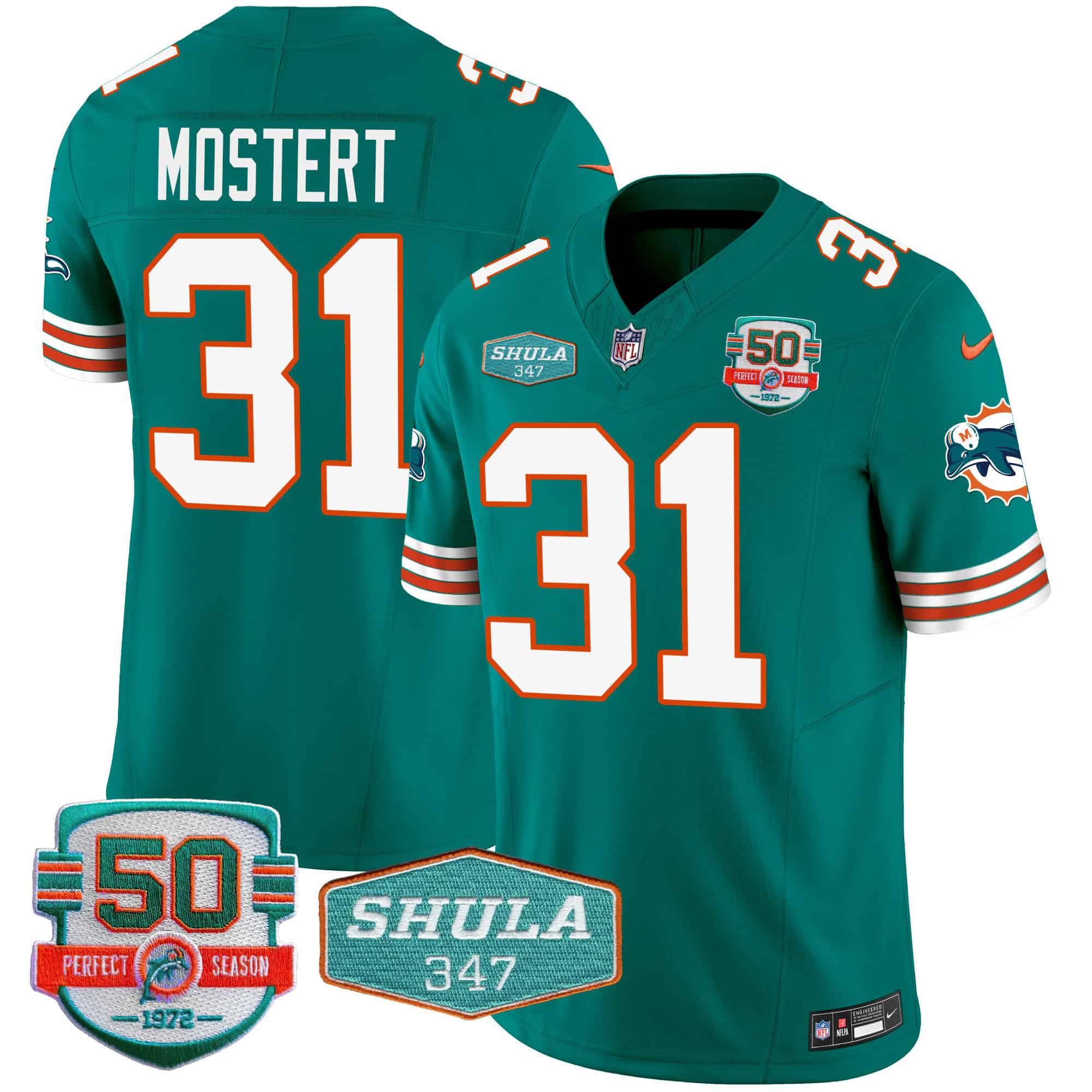 Men Miami Dolphins #31 Mostert Green 2024 Nike Throwback Shula 347 Patch Vapor NFL Jersey style 1